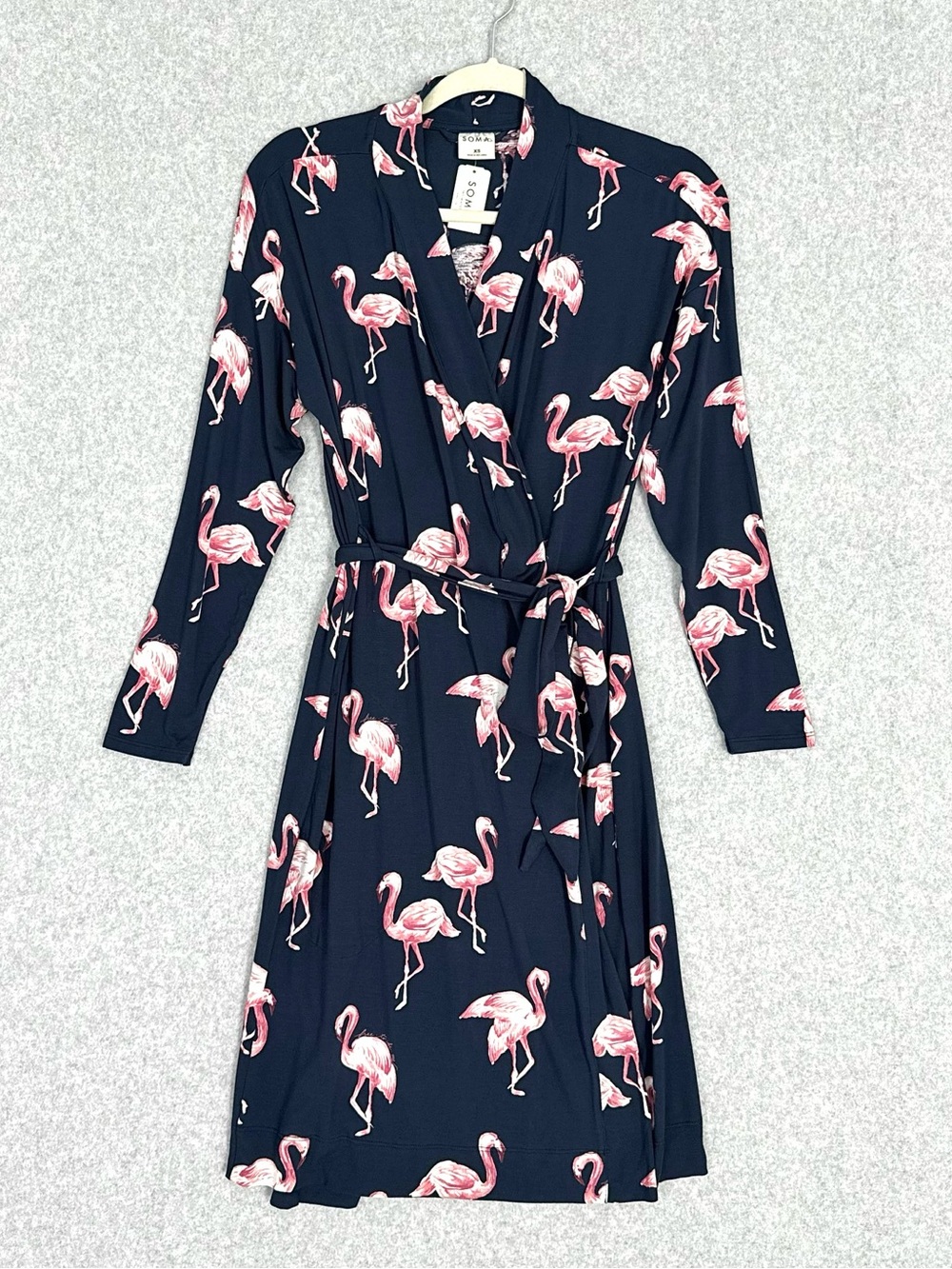Soma Cool Nights Navy Blue Pink Flamingo Robe Size XS Stretch Pockets Comfy NWT